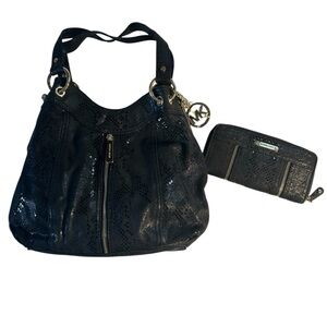 Michael Kors Moxley Black Shimmering Leather Shoulder Bag and Wallet Set